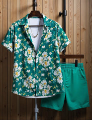 Men's Tropical Green Floral Shirt & Shorts Set – Bold Summer Beachwear 2-Piece Outfit