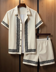Men's Vintage-Inspired Embroidered Shirt & Shorts Set – Elegant Summer 2-Piece Outfit