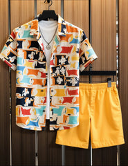 Men's Abstract Print Shirt and Yellow Shorts Set – Vibrant Summer Streetwear Outfit