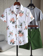 Men's Floral Print Shirt & Green Shorts Set – Casual Summer Vacation Outfit