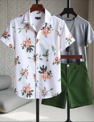 Men's Floral Print Shirt & Green Shorts Set – Casual Summer Vacation Outfit