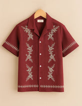Classic Thread Work Maroon Printed Half Sleeve Shirt GenZ Edition