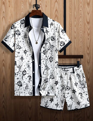 Men's Monochrome Artistic Print Shirt & Shorts Set – Stylish Summer 2-Piece Outfit