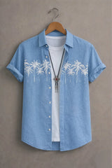 Men’s Sky Blue Palm Tree Embroidered Shirt