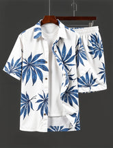 Men's Tropical Blue Leaf Print Shirt & Shorts Set – Stylish Summer Beachwear Outfit
