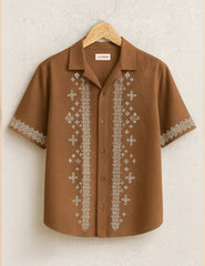 Tribal Lines Brown Embroidery Print Half Sleeve Shirt GenZ Edition