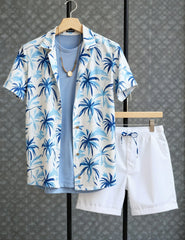 Men's Blue & White Palm Print Shirt and Shorts Set – Coastal Style Summer Outfit