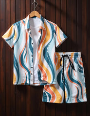 Men's Retro Wave Print Summer Set – Short Sleeve Shirt & Drawstring Shorts