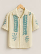 Ivory Base Blue Embroidery Pattern Print Half Sleeve Shirt GenZ Edition