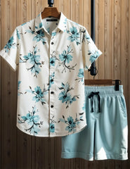 Men's Light Blue Floral Print Shirt & Shorts Set – Casual Summer Beachwear 2-Piece Outfit