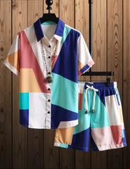 Men's Color Block Short Sleeve Shirt & Shorts Set – Vibrant Geometric Summer Outfit