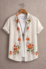 Men’s White Floral Embroidered Shirt