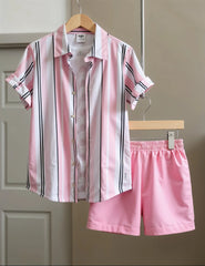 Men's Pink Striped Shirt & Shorts Set – Stylish Summer Two-Piece Outfit
