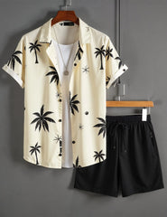 Men's Palm Tree Print Shirt & Black Shorts Set – Tropical Summer Beach Outfit