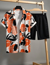 Men's Bold Orange Flower Print Shirt & Shorts Set – Summer Casual 2-Piece Beachwear Outfit