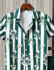Men's Green Striped Floral Shirt & Shorts Set – Casual Summer Two-Piece Outfit