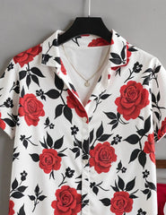 Men's Red Rose Floral Print Shirt & Shorts Set – Casual Summer 2-Piece Outfit