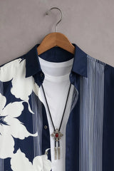 Men’s Navy Blue Floral Stripe Printed Shirt