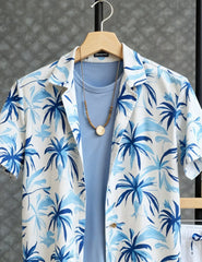 Men's Blue & White Palm Print Shirt and Shorts Set – Coastal Style Summer Outfit