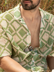 Green & Cream Rustic Harmony Shiffli Printed Shirt