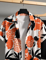 Men's Bold Orange Flower Print Shirt & Shorts Set – Summer Casual 2-Piece Beachwear Outfit