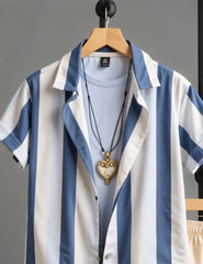 Men's Blue & White Vertical Stripe Shirt with Beige Shorts – Casual Summer Outfit Set