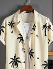 Men's Palm Tree Print Shirt & Black Shorts Set – Tropical Summer Beach Outfit