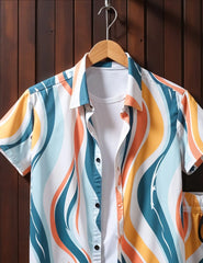 Men's Retro Wave Print Summer Set – Short Sleeve Shirt & Drawstring Shorts