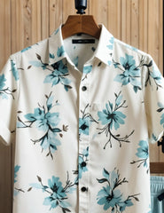 Men's Light Blue Floral Print Shirt & Shorts Set – Casual Summer Beachwear 2-Piece Outfit
