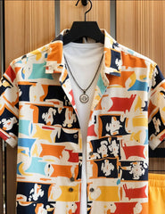 Men's Abstract Print Shirt and Yellow Shorts Set – Vibrant Summer Streetwear Outfit
