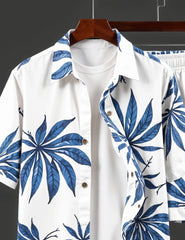 Men's Tropical Blue Leaf Print Shirt & Shorts Set – Stylish Summer Beachwear Outfit