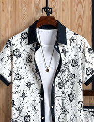 Men's Monochrome Artistic Print Shirt & Shorts Set – Stylish Summer 2-Piece Outfit