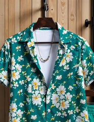 Men's Tropical Green Floral Shirt & Shorts Set – Bold Summer Beachwear 2-Piece Outfit