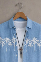 Men’s Sky Blue Palm Tree Embroidered Shirt