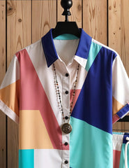 Men's Color Block Short Sleeve Shirt & Shorts Set – Vibrant Geometric Summer Outfit