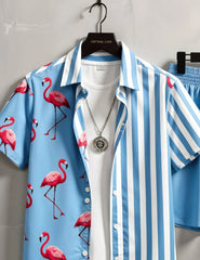 Men's Flamingo Print & Striped Shirt with Shorts Set – Fun Tropical Summer Outfit