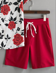 Men's Red Rose Floral Print Shirt & Shorts Set – Casual Summer 2-Piece Outfit