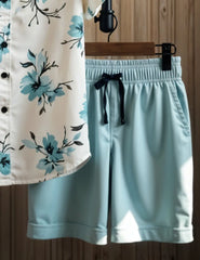 Men's Light Blue Floral Print Shirt & Shorts Set – Casual Summer Beachwear 2-Piece Outfit