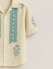 Ivory Base Blue Embroidery Pattern Print Half Sleeve Shirt GenZ Edition