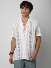 White Aura Ethereal Stripe Linear Cut Shiffli Shirt