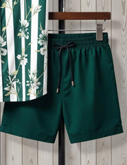 Men's Green Striped Floral Shirt & Shorts Set – Casual Summer Two-Piece Outfit