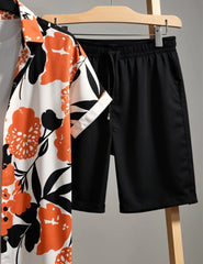 Men's Bold Orange Flower Print Shirt & Shorts Set – Summer Casual 2-Piece Beachwear Outfit