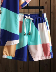 Men's Color Block Short Sleeve Shirt & Shorts Set – Vibrant Geometric Summer Outfit