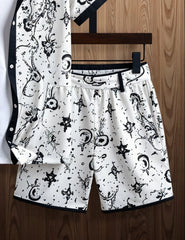 Men's Monochrome Artistic Print Shirt & Shorts Set – Stylish Summer 2-Piece Outfit