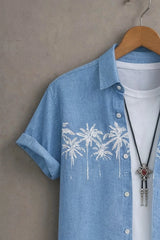 Men’s Sky Blue Palm Tree Embroidered Shirt