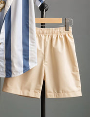Men's Blue & White Vertical Stripe Shirt with Beige Shorts – Casual Summer Outfit Set