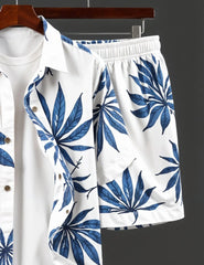 Men's Tropical Blue Leaf Print Shirt & Shorts Set – Stylish Summer Beachwear Outfit