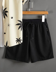 Men's Palm Tree Print Shirt & Black Shorts Set – Tropical Summer Beach Outfit