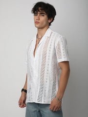 White Aura Ethereal Stripe Linear Cut Shiffli Shirt