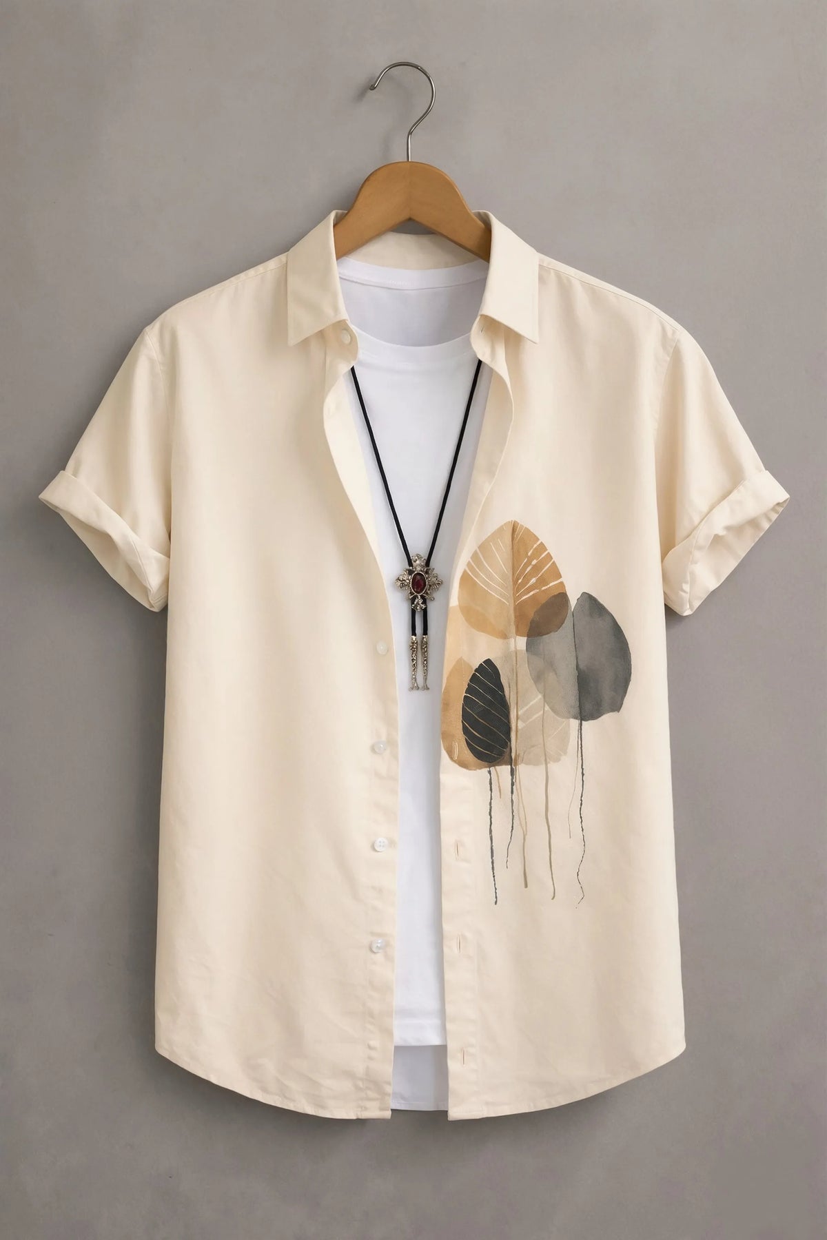 Men’s Cream Artistic Leaf Printed Shirt